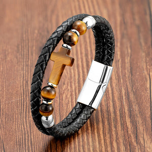 Stone Cross Leather Bracelet