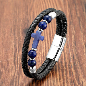 Stone Cross Leather Bracelet