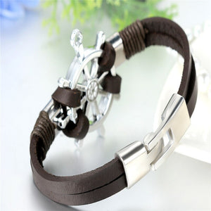 Ship Wheel Leather Bracelet
